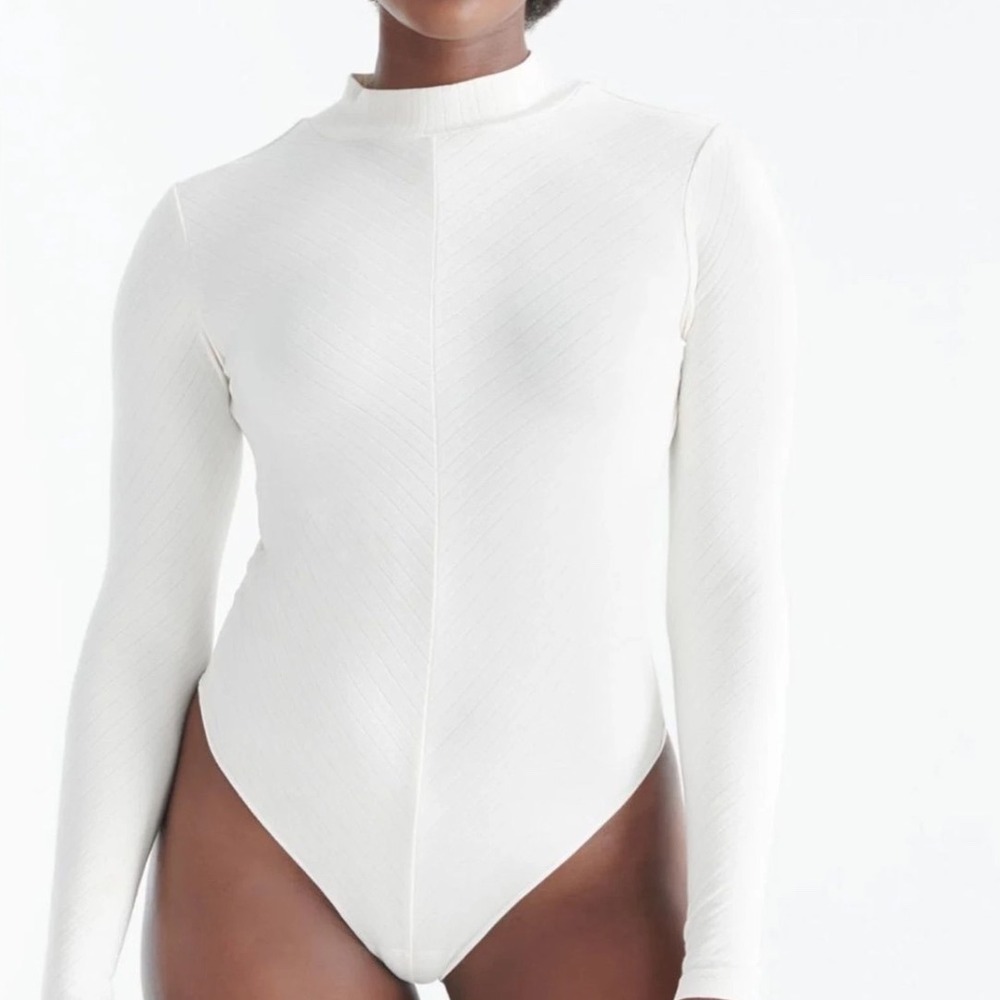Knix Mock Neck Bodysuit Long Sleeve Knit Womens Size XXL Cream Cloud Papaya